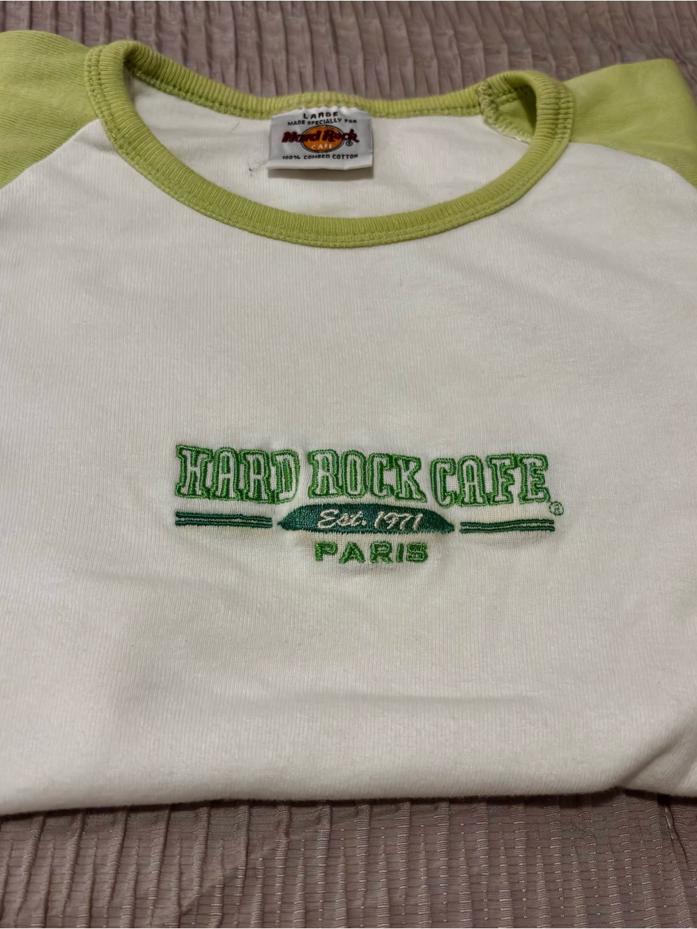 Hard Rock Cafe Paris White Tee with Lime Green Embroidered Logo from 2001